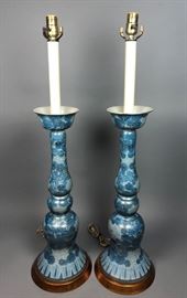Lot 352 Pr Tall Blue Porcelain Table Lamps. Blue glaze wi