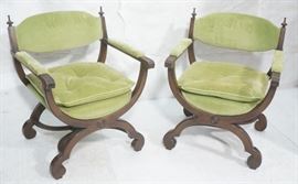 Lot 358 Pr Wood Savonarola Style Arm Chairs. Wood frames 