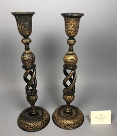 Lot 377 Pr Gilt Painted Paper Mache Tall Candle Sticks Op