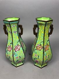 Lot 389 Pr Hexagonal Green Enamel Asian Vases. Floral des