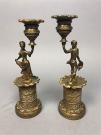 Lot 390 Pr Brass Figural Candlesticks 2 Colonial Figures 