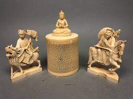 Lot 396 3pc Carved Asian Figurines  Box Lot. Oval lidded