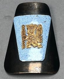 Lot 567 Peruvian Sterling Silver 18K Gold Enamel Brooch. 