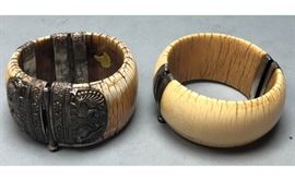 Lot 561 2 Wide Hinged Bangle Cuff Bracelets. One with orn
