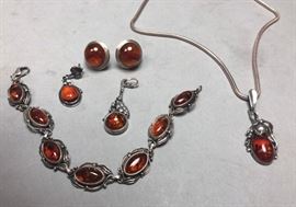 Lot 540 6pc Silver Amber Jewelry Lot. Bracelet, pendant n