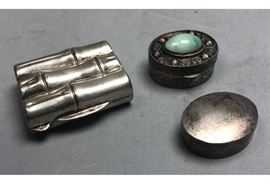 Lot 530 3 Silver Pill Boxes. 1 Sterling bamboo design pi