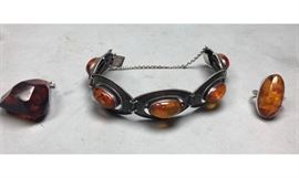 Lot 528 3pc Sterling Silver Natural Amber Jewelry Lot. Br