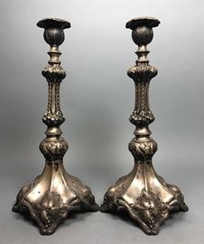 Lot 487 Pr Antique Continental Silver Candle Sticks. Deco