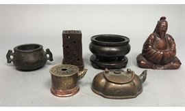 Lot 482 6pc Asian Table Lot. Carved wood seated bearded s