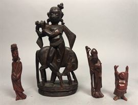 Lot 477 4pc Asian Carved Wood Lot. Figural Sculpture. Man