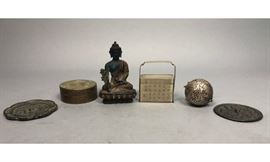 Lot 473 6pc Asian Metal Tableware Lot. Seated Buddha figu