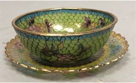 Lot 470 2pc Plique a Jour Enamel Bowl Saucer. Colorful en