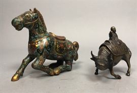 Lot 464 2pc Antique Asian Metal Figural Lot. Cloisonne en