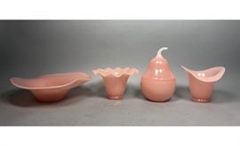 Lot 457 4pc Pink Opaline Art Glass Tableware. Lidded pear