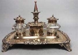 Lot 445 Vintage Silver plate Crystal Inkwell Desk Set. De