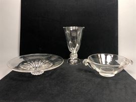 Lot 444 3 pc STEUBEN Crystal Lot. Low bowl with modernist