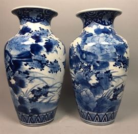Lot 423 Pr Blue  White Decorated Asian Style Large Vases