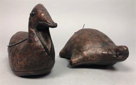 Lot 421 2pc Vintage Leather Stuffed Figures Turtle  Duck