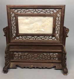 Lot 401 Vintage Chinese Carved Wood Screen w Carved Stone