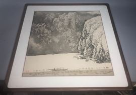 Lot 26 Signed Japanese Watercolor Landscape. Coastal mou