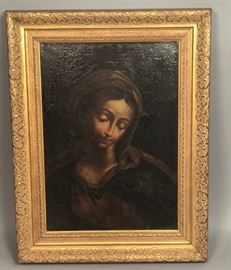 Lot 75 Antique Oil Painting Virgin Mary with Shawl. Heav