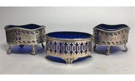 Lot 494 3pc Antique Sterling Silver Cobalt Master Salts. 