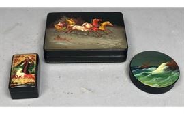 Lot 587 3 Hand Painted Russian Lacquer Boxes. Largest is 