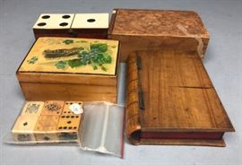 Lot 596 5pc Lot Antique Domino Related Items. 3 wood boxe