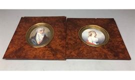 Lot 597 2pc Burl Wood Framed Antique Miniature Portraits.