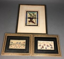 Lot 602 3pc Hand Painted Persian Miniature Paintings. Two