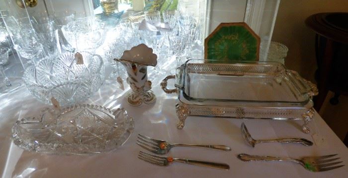 Crystal, silver plate serving pieces, etc.