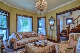 Custom Shabby Chic Furniture, Victorian Plant Stands, Decorative Pillows, Silk Rug and Chandelier