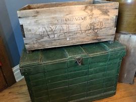 French Champagne Crate and Unique Storage Box Heavy Green Wood Slat Boards