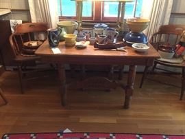 Antique Oak Table & Assorted Pottery 
