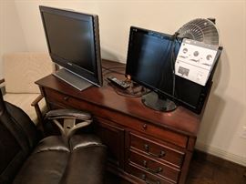 Computer desk with built in keyboard tray and power center