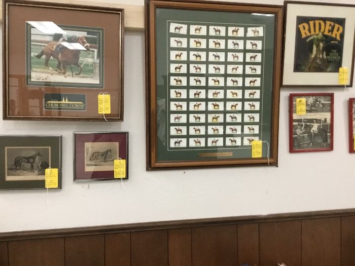 Large collection of racing memorabilia including pictures of famous racehorses. 