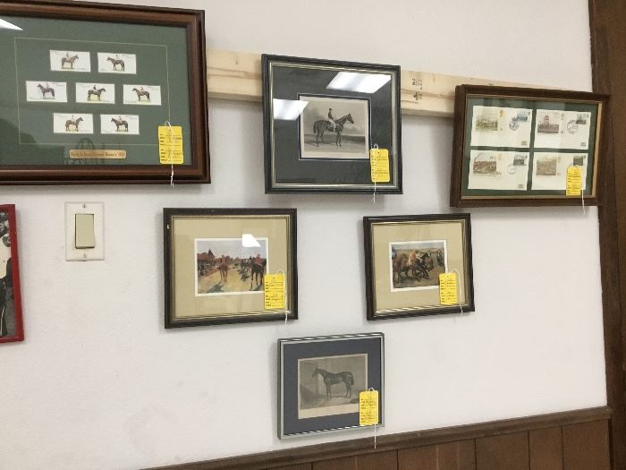 Large collection of racing memorabilia including pictures of famous racehorses. 