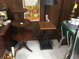 Antique 3 tier table, lamp table, vintage cloth calendars from the ‘60’s