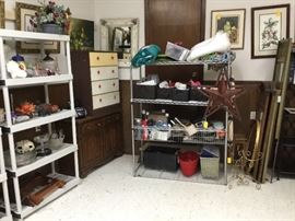 Small 4 drawer chest, wooden cabinet, mirrors and pictures.