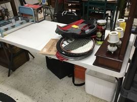 Blue doll bed, tennis racquets, table top mirror with drawer, small china lanterns