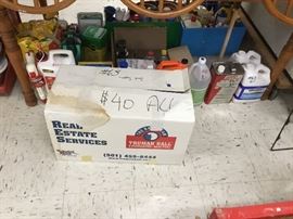 Cleaning supplies and box of paint supplies