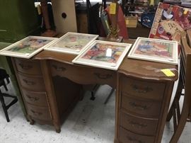 Dresser bottom - no mirror; set of vintage pictures