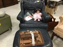 Blue leather easy chair with matching ottoman - another doll