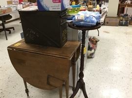 Drop leaf small table - great for an apartment, plant stand, large green metal ammo container