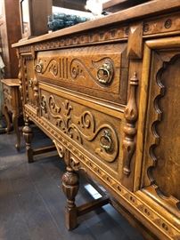 Jacobean Heavily Carved Oak Refractory Dining Room Table and Chairs with Sideboard
