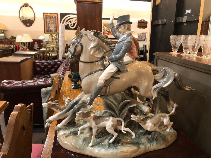 LLadro "the Hunt" Porcelain sculpture limited edition 423/75 Ref#1308 Retired 1986 two riders on horseback One female and one male, each on an individual horse, in full gallop over a stump on field surrounded by hunting hounds, 18.5 x 24.5 x 13.5