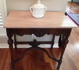 Antique Eastlake Marble Top Parlor Table, Milk Glass Candy Dish