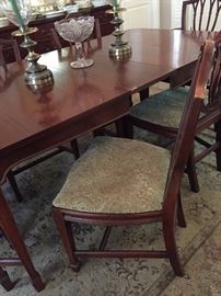 Antique Mahogany Drexel Dining Room Set, Shieldback Style Chairs, Imperial Glass Crystal Hobstar