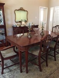 Antique Mahogany Drexel Dining Room Set, Shieldback Style Chairs, Imperial Glass Crystal Hobstar, Gilded Hollywood Regency Style Mirror, Baronet Bohemian Czech Duchess China