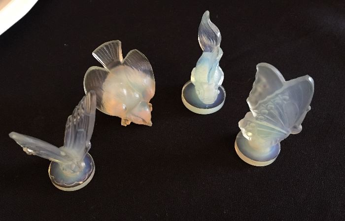 Sabino Art Glass Paris France Signed Opalescent Butterfly Open Wings, Butterfly Closed Wings, Bird, Goldfish